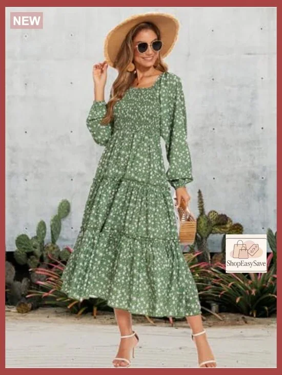 Boho Floral Midi Dress with Puff Sleeves Smocked Waist and Pockets - Picture 3 of 7